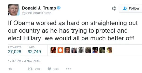 Donald Trump shades Barack Obama for campaigning tirelessly for Hillary Clinton